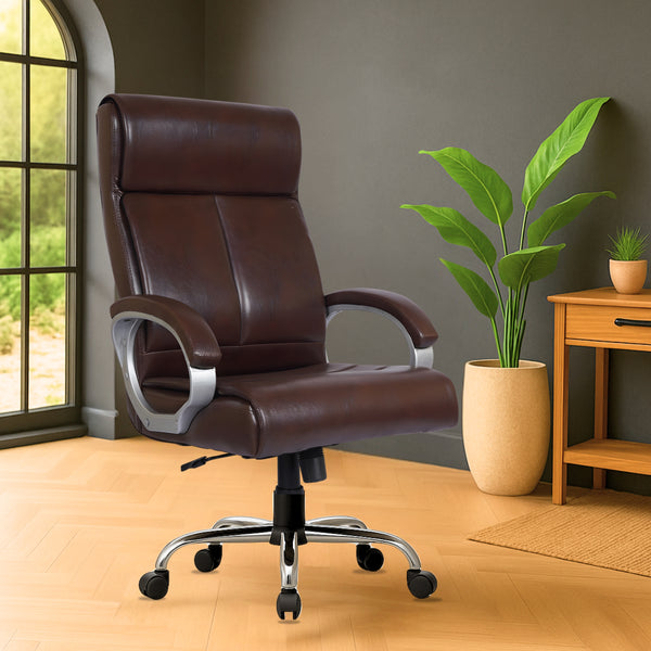 Rios High Back Leatherette Office Chair | Orthopedic Desk Chair with Wide Cushioned Seat, Chrome Base, Recline Tilt & Height Adjustment for Work, Study & Boss | 3 Years Warranty