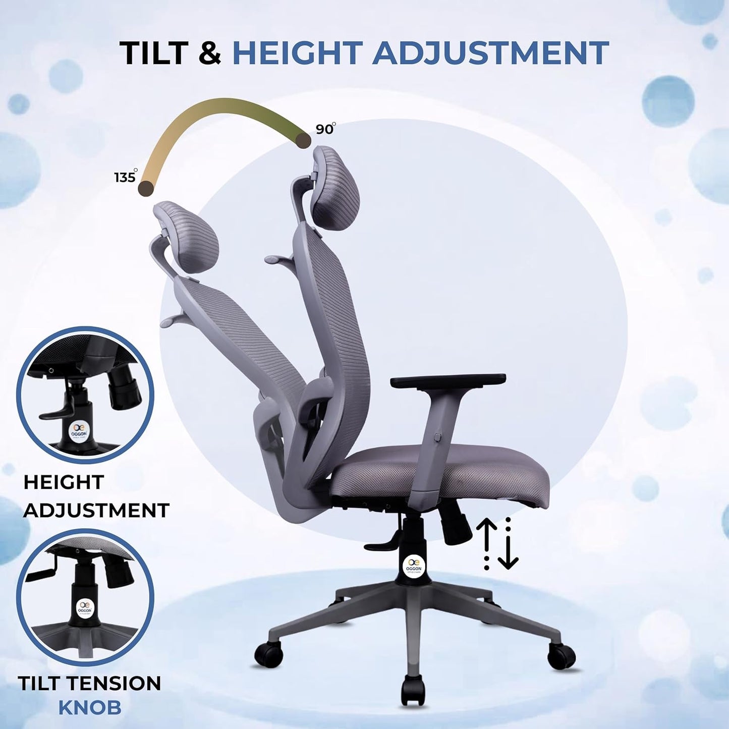 OGGON Marcoos High Back Ergonomic Mesh Office Chair – Adjustable Headrest & Armrests | 3 Years Warranty
