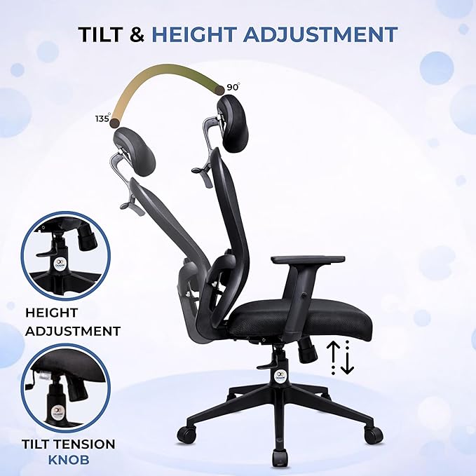 OGGON Marcoos High Back Ergonomic Mesh Office Chair – Adjustable Headrest & Armrests | 3 Years Warranty