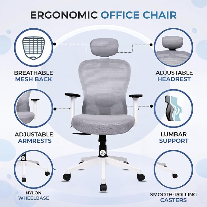 OGGON Marcoos High Back Ergonomic Mesh Office Chair – Adjustable Headrest & Armrests | 3 Years Warranty