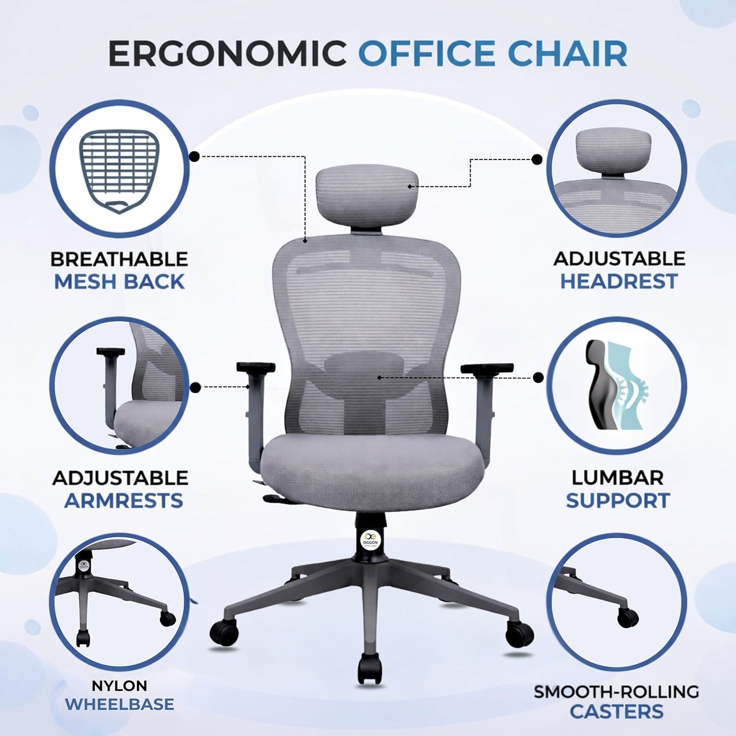 OGGON Marcoos High Back Ergonomic Mesh Office Chair – Adjustable Headrest & Armrests | 3 Years Warranty