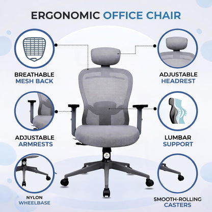 OGGON Marcoos High Back Ergonomic Mesh Office Chair – Adjustable Headrest & Armrests | 3 Years Warranty