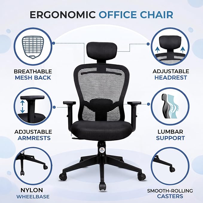 OGGON Marcoos High Back Ergonomic Mesh Office Chair – Adjustable Headrest & Armrests | 3 Years Warranty