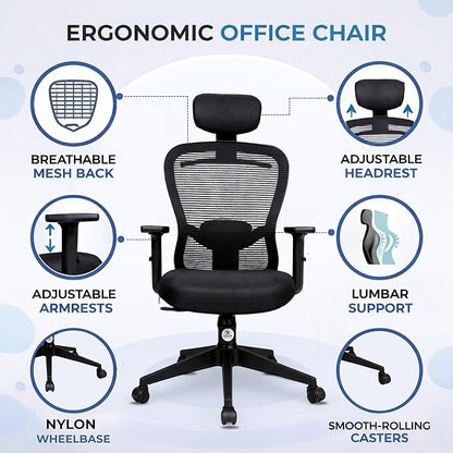 OGGON Marcoos High Back Ergonomic Mesh Office Chair – Adjustable Headrest & Armrests | 3 Years Warranty