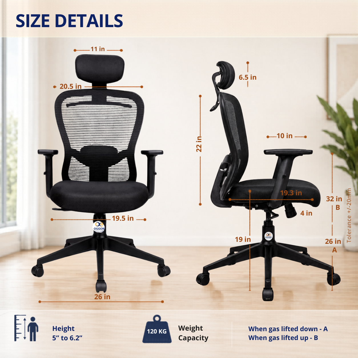 OGGON Marcoos High Back Ergonomic Mesh Office Chair – Adjustable Headrest & Armrests | 3 Years Warranty