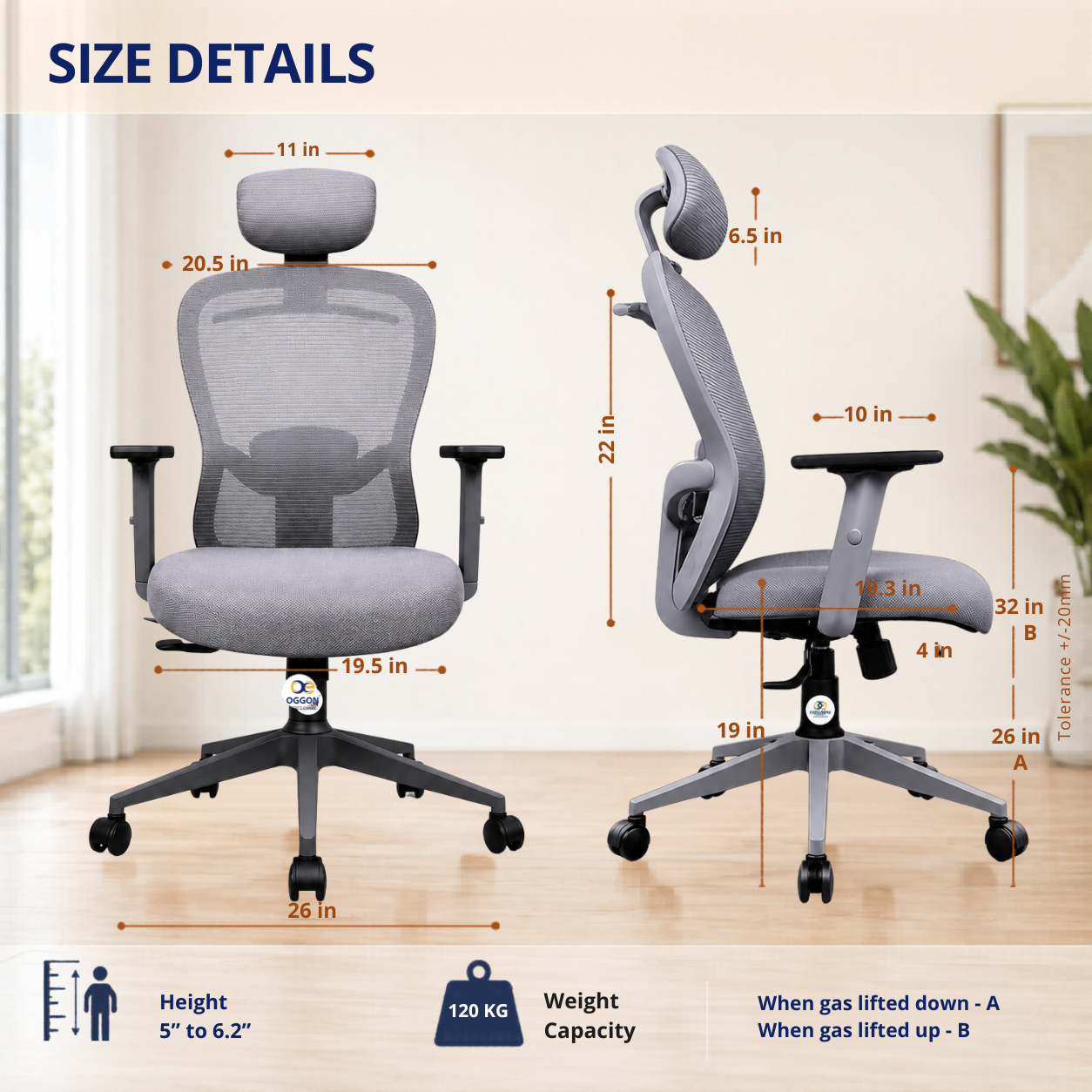 OGGON Marcoos High Back Ergonomic Mesh Office Chair – Adjustable Headrest & Armrests | 3 Years Warranty