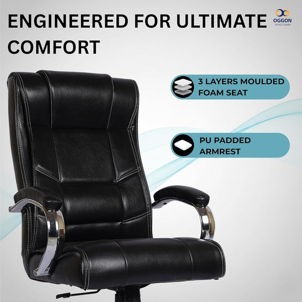 Oggon Alexender Executive High Back Office Chair | Ergonomic Revolving Computer Chair for Home & Office | Leatherette Boss Chair with Chrome Base | Adjustable Height | 3 Years Warranty (