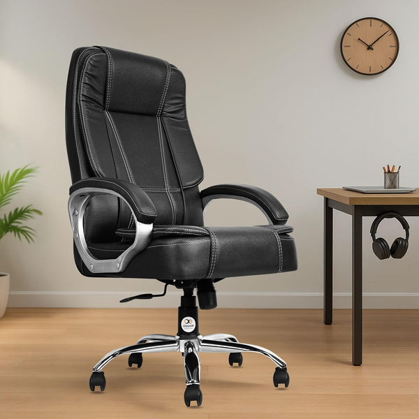 Charmer High Back Leatherette Office Chair for Work, Study, Executive & Home Use | 3 Years Warranty | Ergonomic Design, Cushioned Seat & Back, Height Adjustment, 360 Swivel (Black)