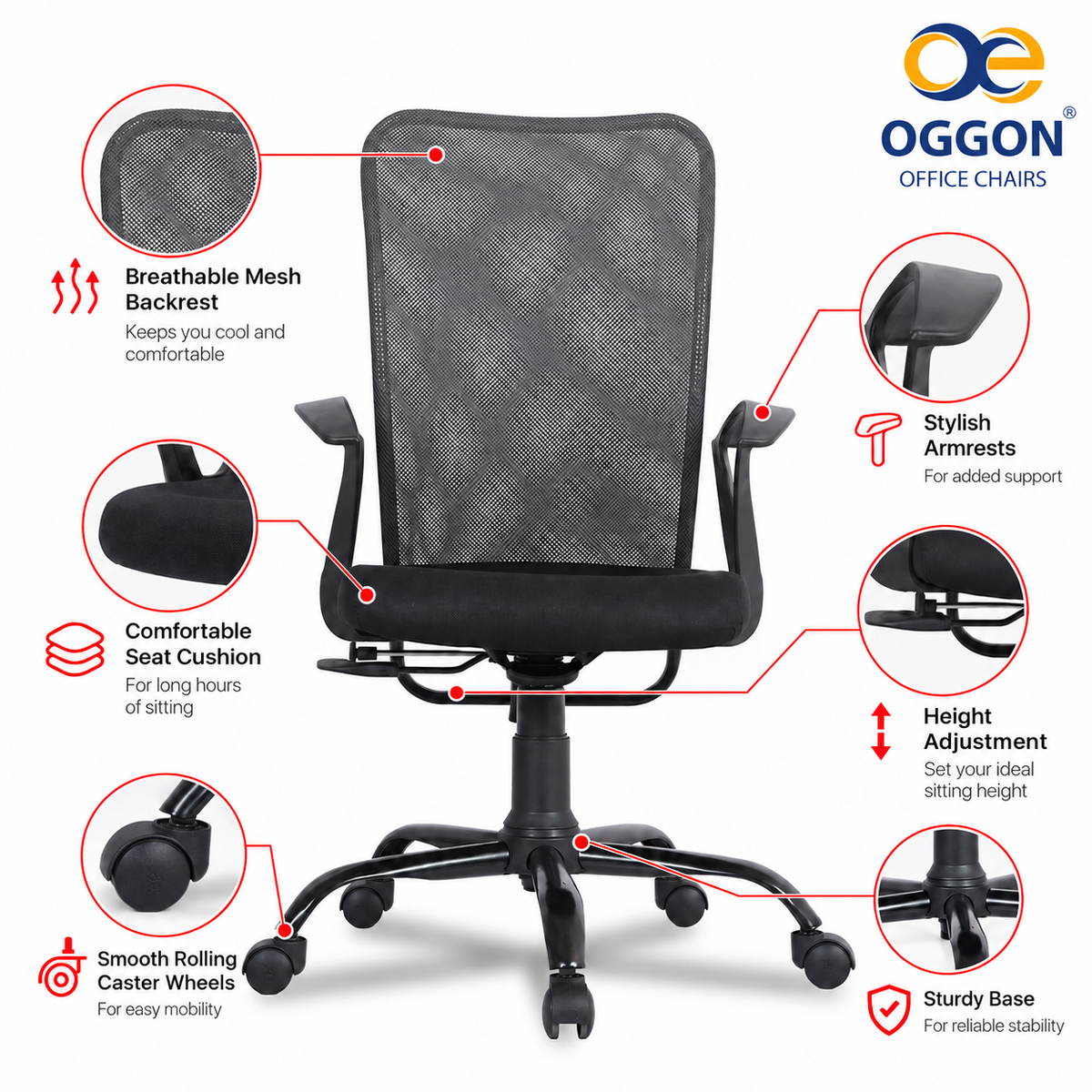Oggon Breeze Mid Back Mesh Ergonomic Office Chair