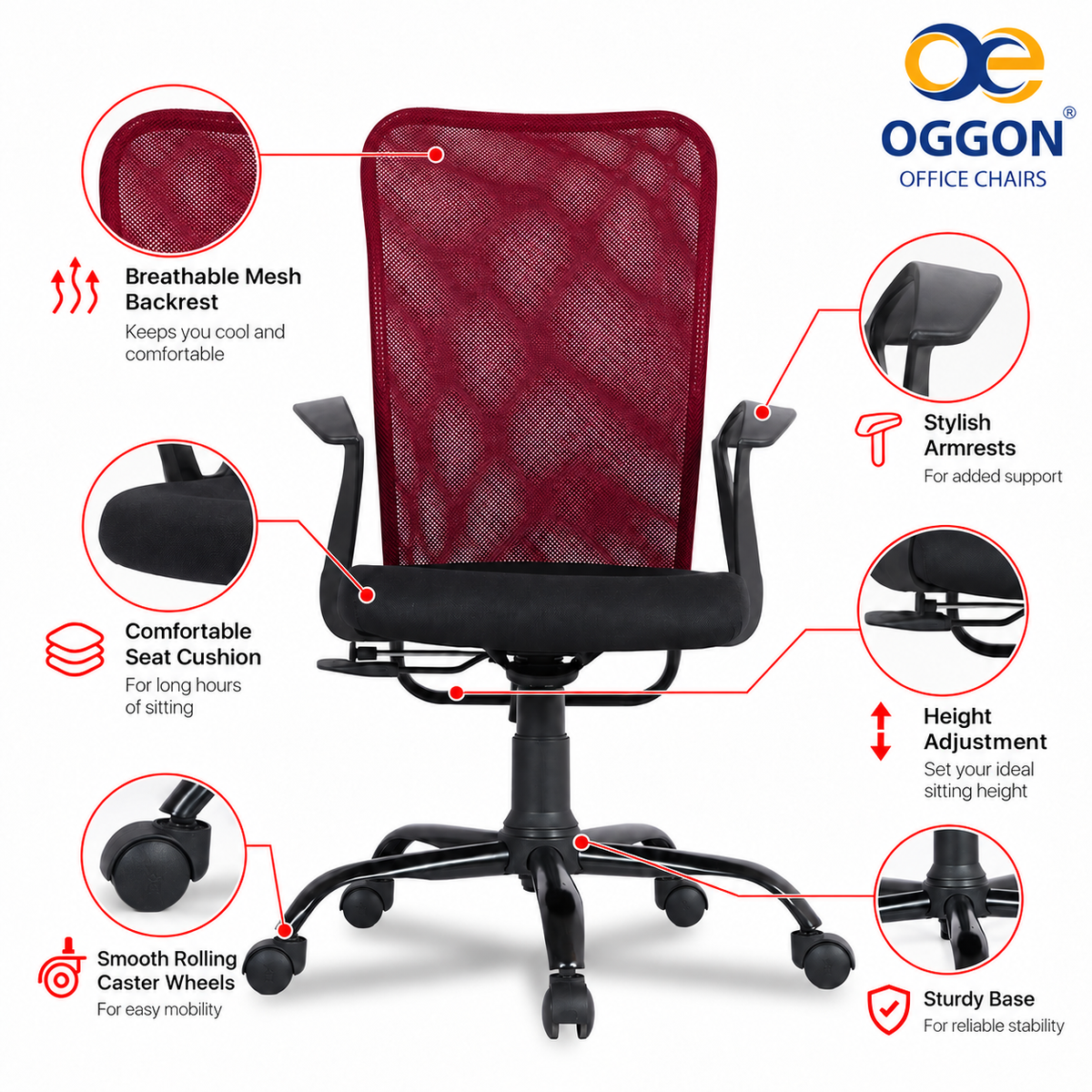 Oggon Breeze Mid Back Mesh Ergonomic Office Chair