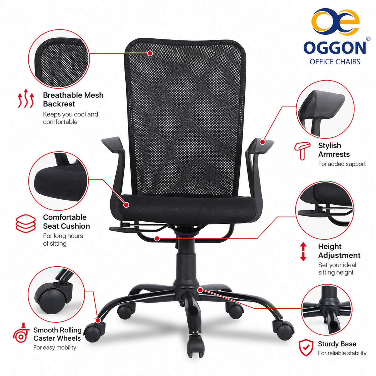 Oggon Breeze Mid Back Mesh Ergonomic Office Chair