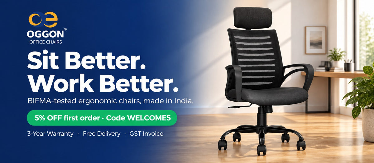 OGGON Irish High Back ergonomic mesh office chair in a home office – BIFMA-tested, made in India, 5% off first order with code WELCOME5