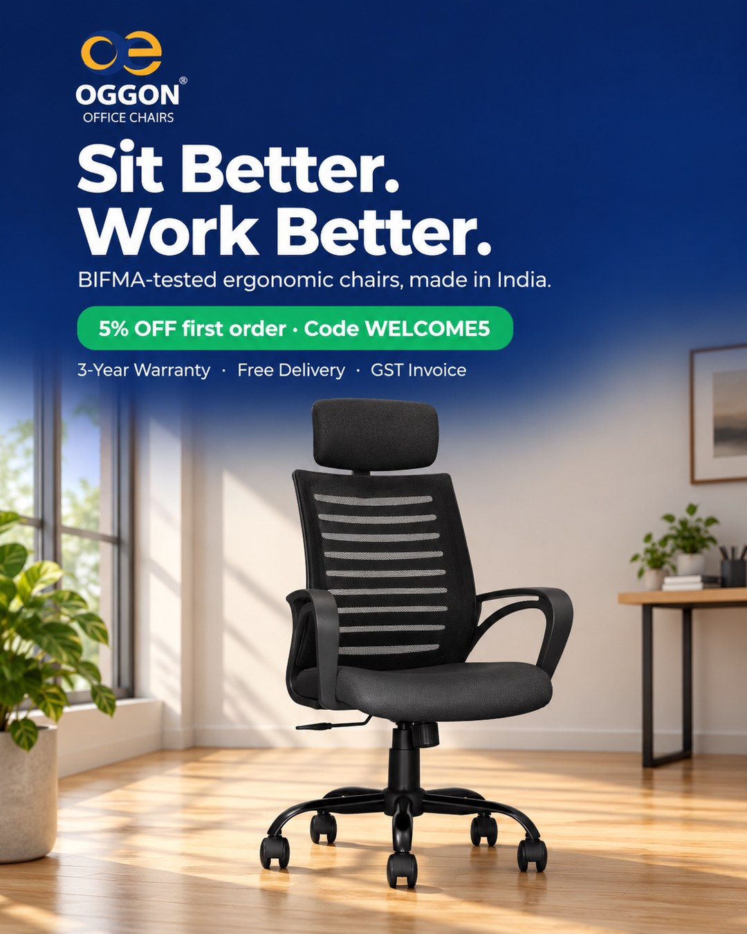 OGGON Irish High Back ergonomic mesh office chair in a home office – BIFMA-tested, made in India, 5% off first order with code WELCOME5