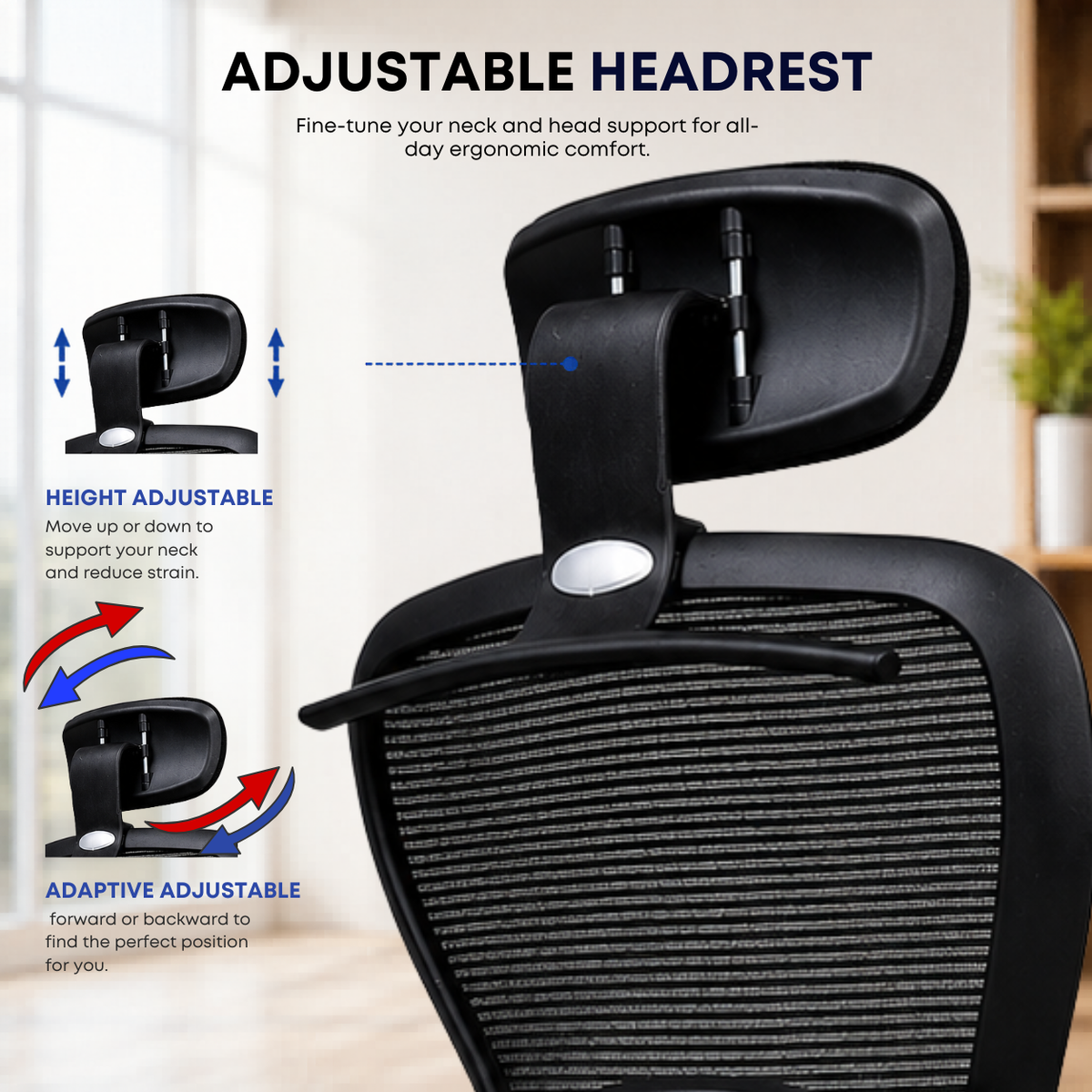 Oggon Marcoos mesh office chair in black with adaptive adjustable headrest
