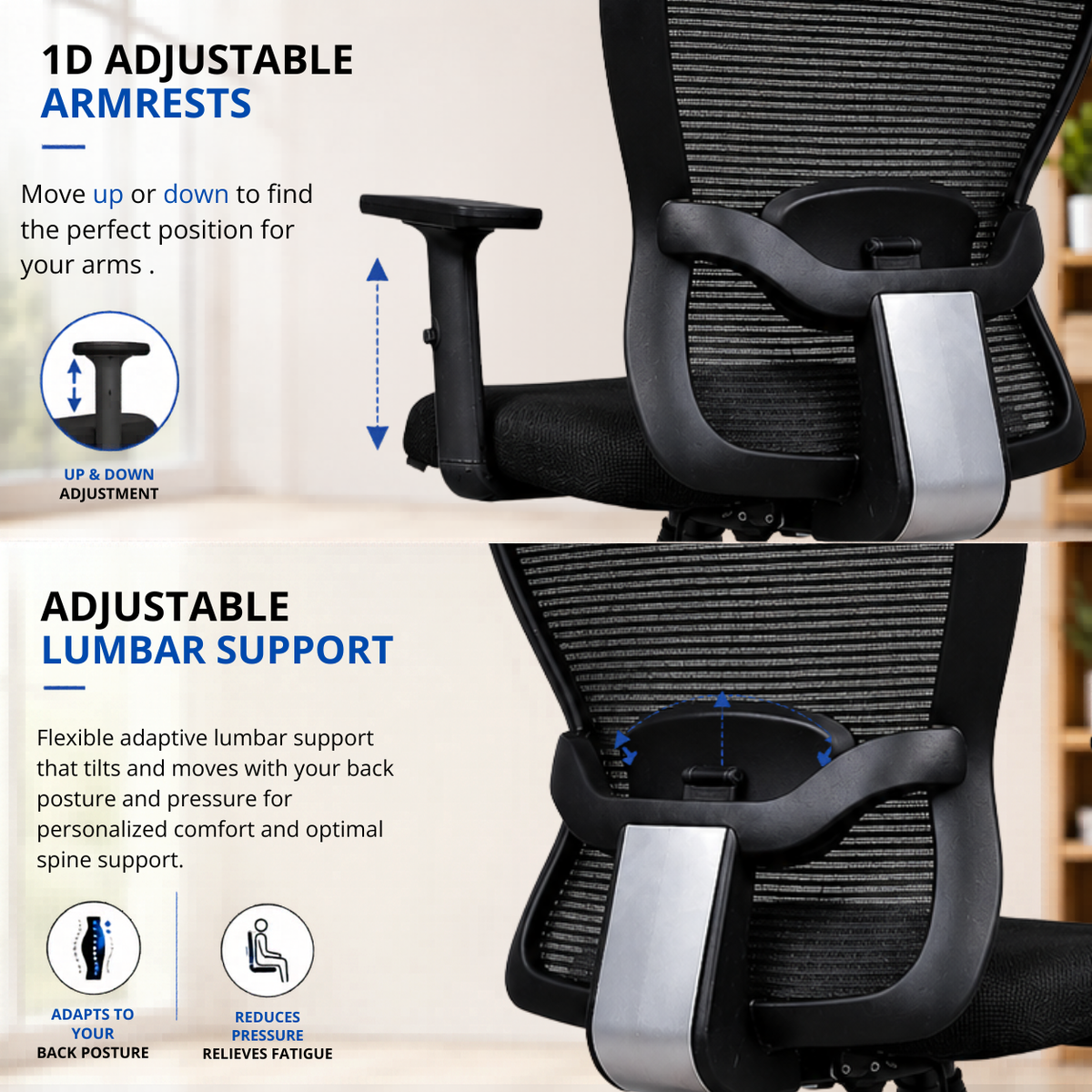 Oggon Marcoos black mesh chair with adjustable armrests and lumbar support