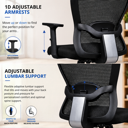 Oggon Marcoos black mesh chair with adjustable armrests and lumbar support