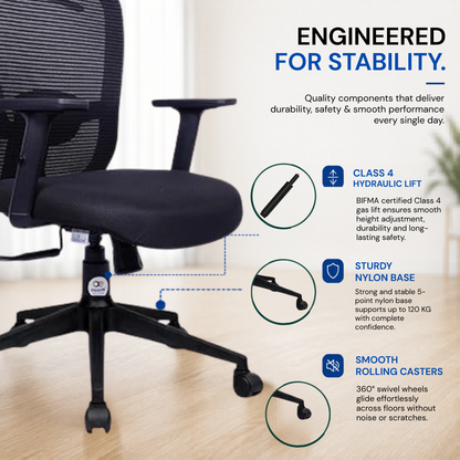 Oggon Marcoos black office chair with class 4 hydraulic gas lift and nylon base
