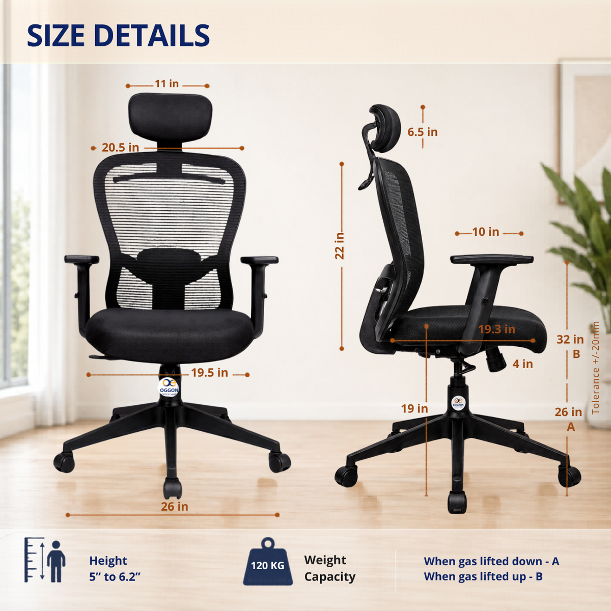 Oggon Marcoos black ergonomic office chair size and seat height dimensions