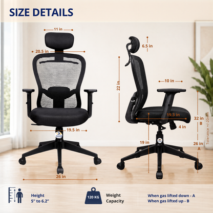 Oggon Marcoos black ergonomic office chair size and seat height dimensions