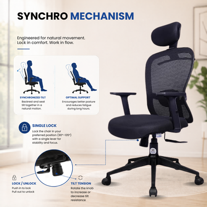 Oggon Marcoos black mesh chair with synchro tilt mechanism and single lock
