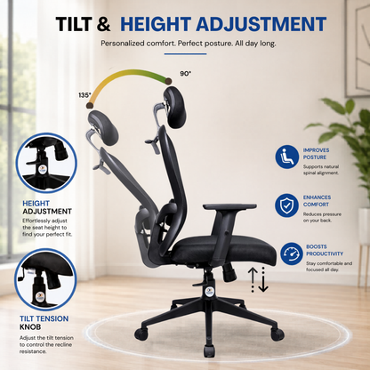 Oggon Marcoos black office chair with tilt and seat height adjustment controls