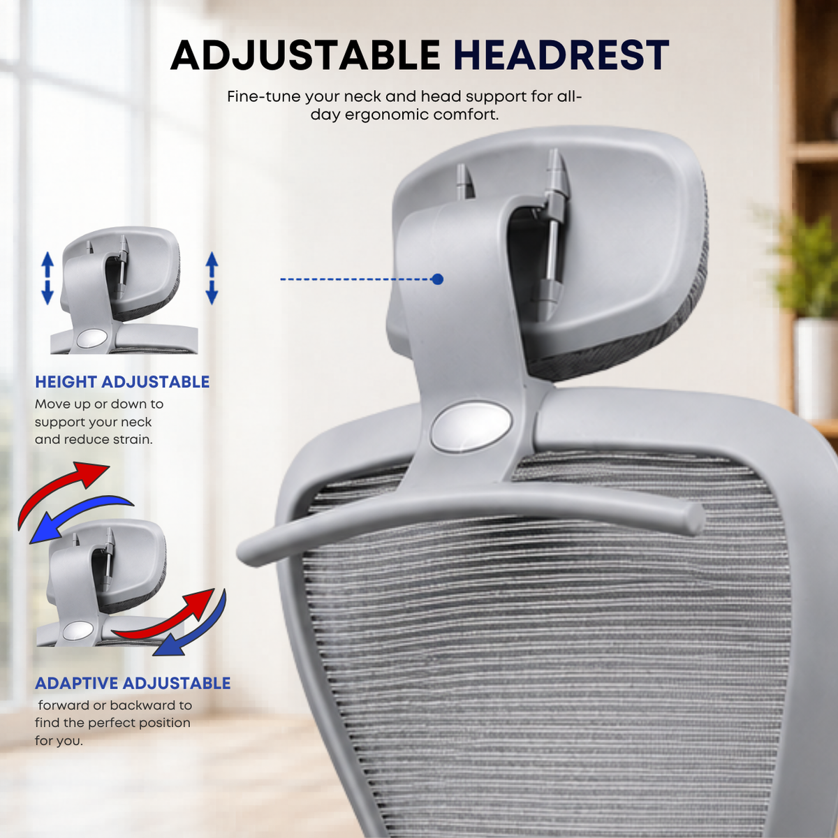 Oggon Marcoos mesh office chair in grey with adaptive adjustable headrest