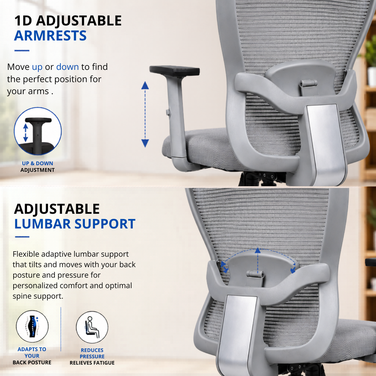 Oggon Marcoos grey mesh chair with adjustable armrests and lumbar support