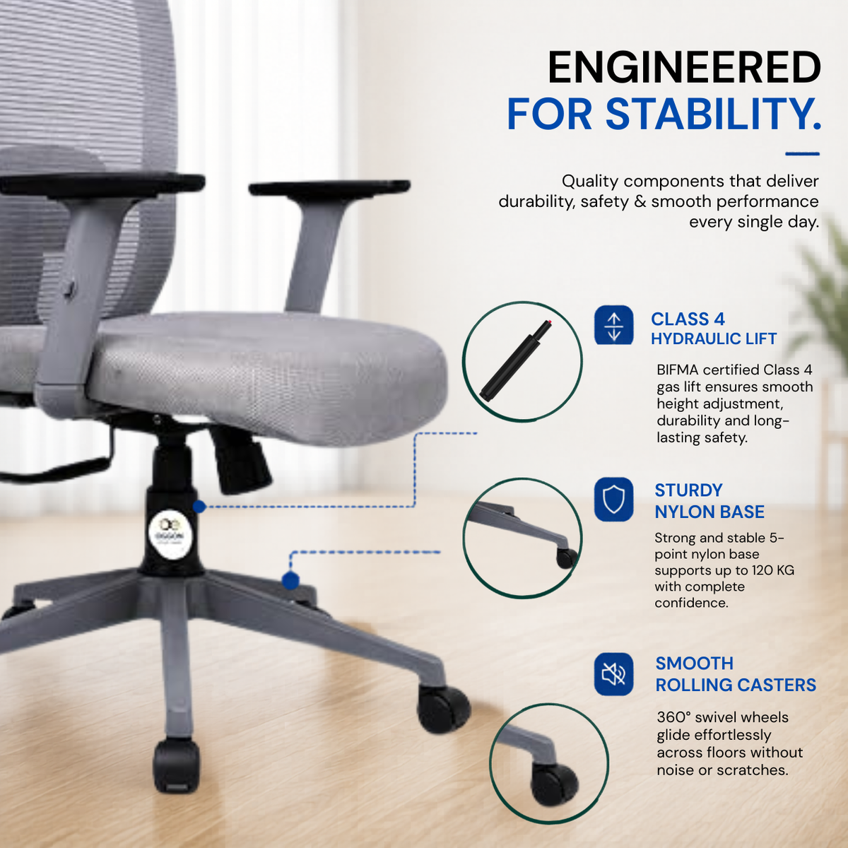 Oggon Marcoos grey office chair with class 4 hydraulic gas lift and nylon base