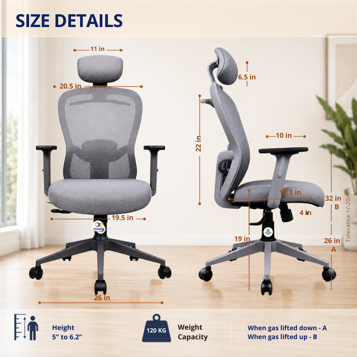 Oggon Marcoos grey ergonomic office chair size and seat height dimensions