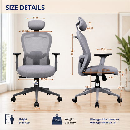 Oggon Marcoos grey ergonomic office chair size and seat height dimensions