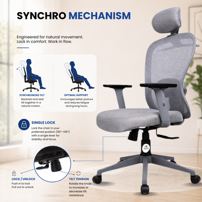 Oggon Marcoos grey mesh chair with synchro tilt mechanism and single lock