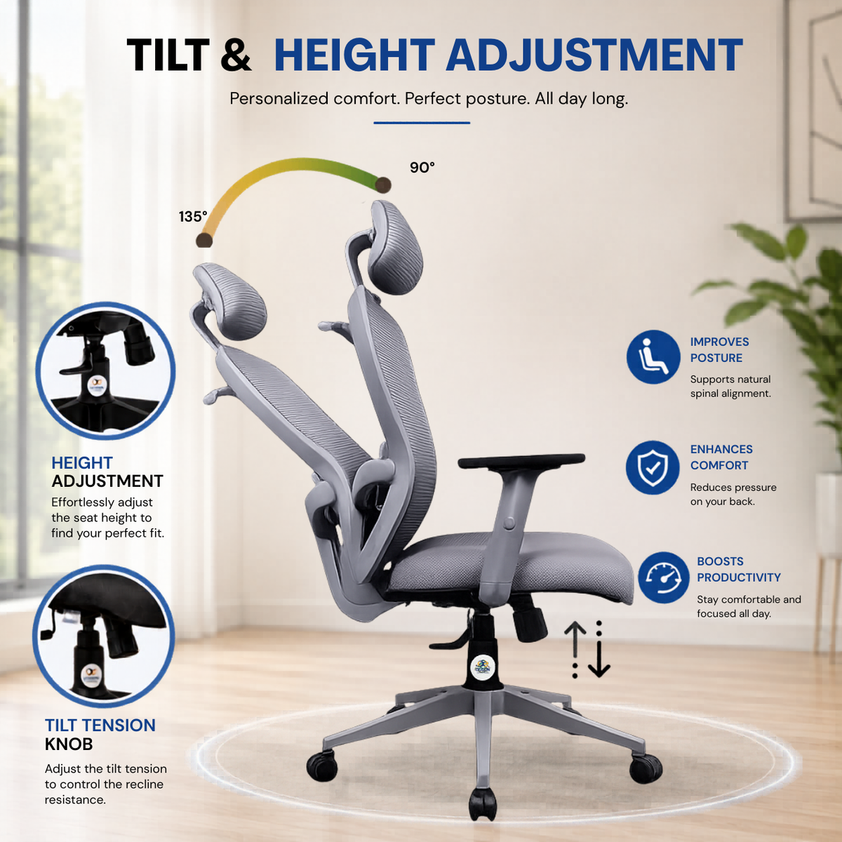 Oggon Marcoos grey office chair with tilt and seat height adjustment controls