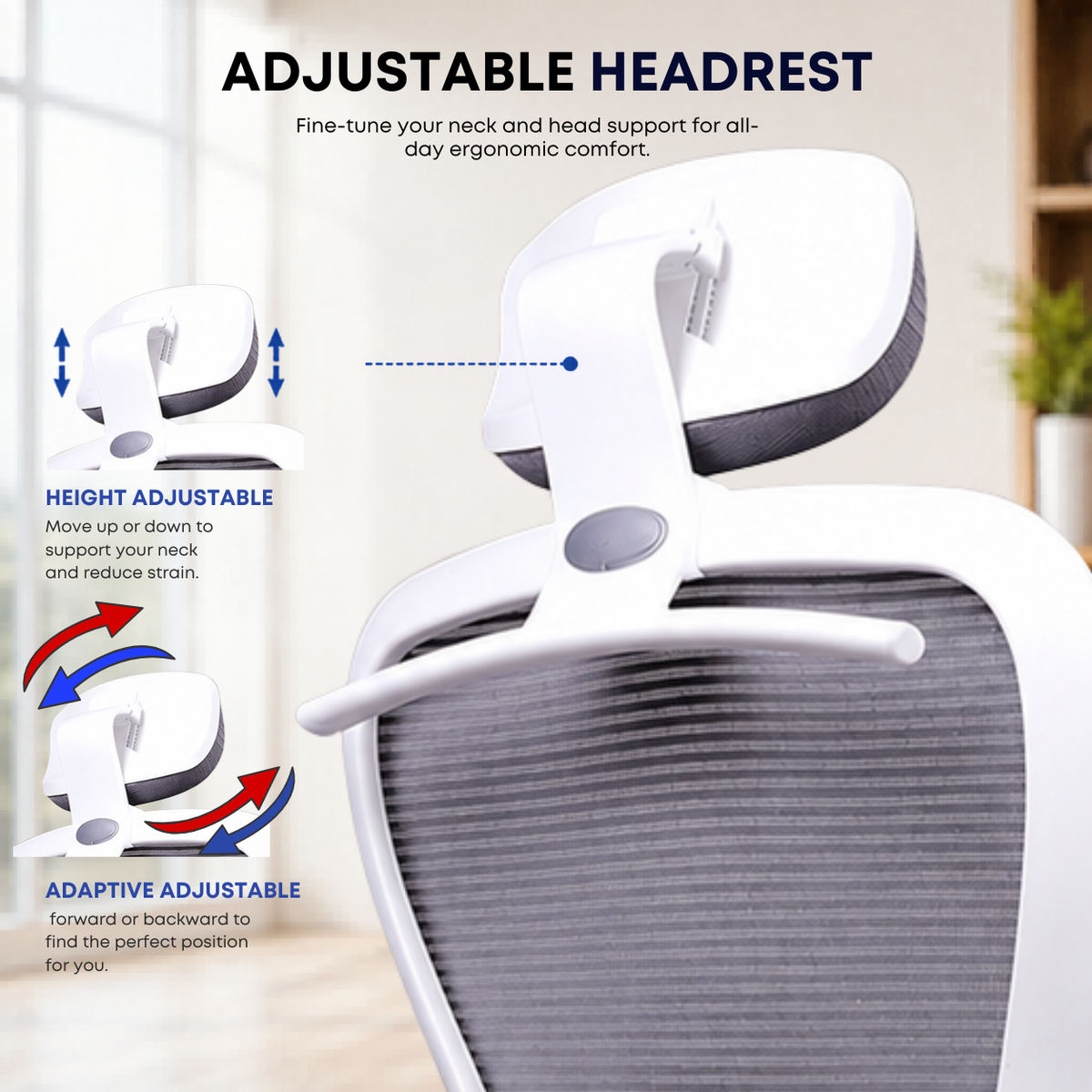 Oggon Marcoos mesh office chair in white with adaptive adjustable headrest