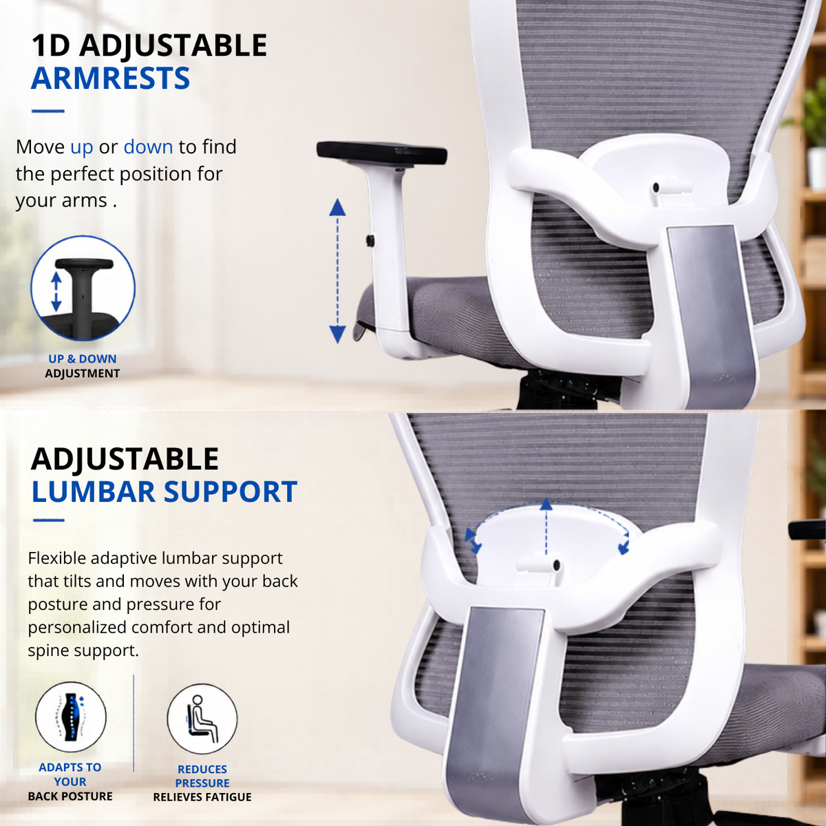 Oggon Marcoos white mesh chair with adjustable armrests and lumbar support