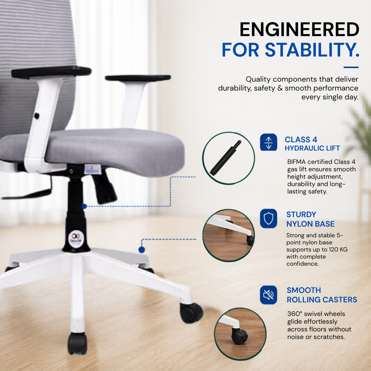 Oggon Marcoos white office chair with class 4 hydraulic gas lift and nylon base