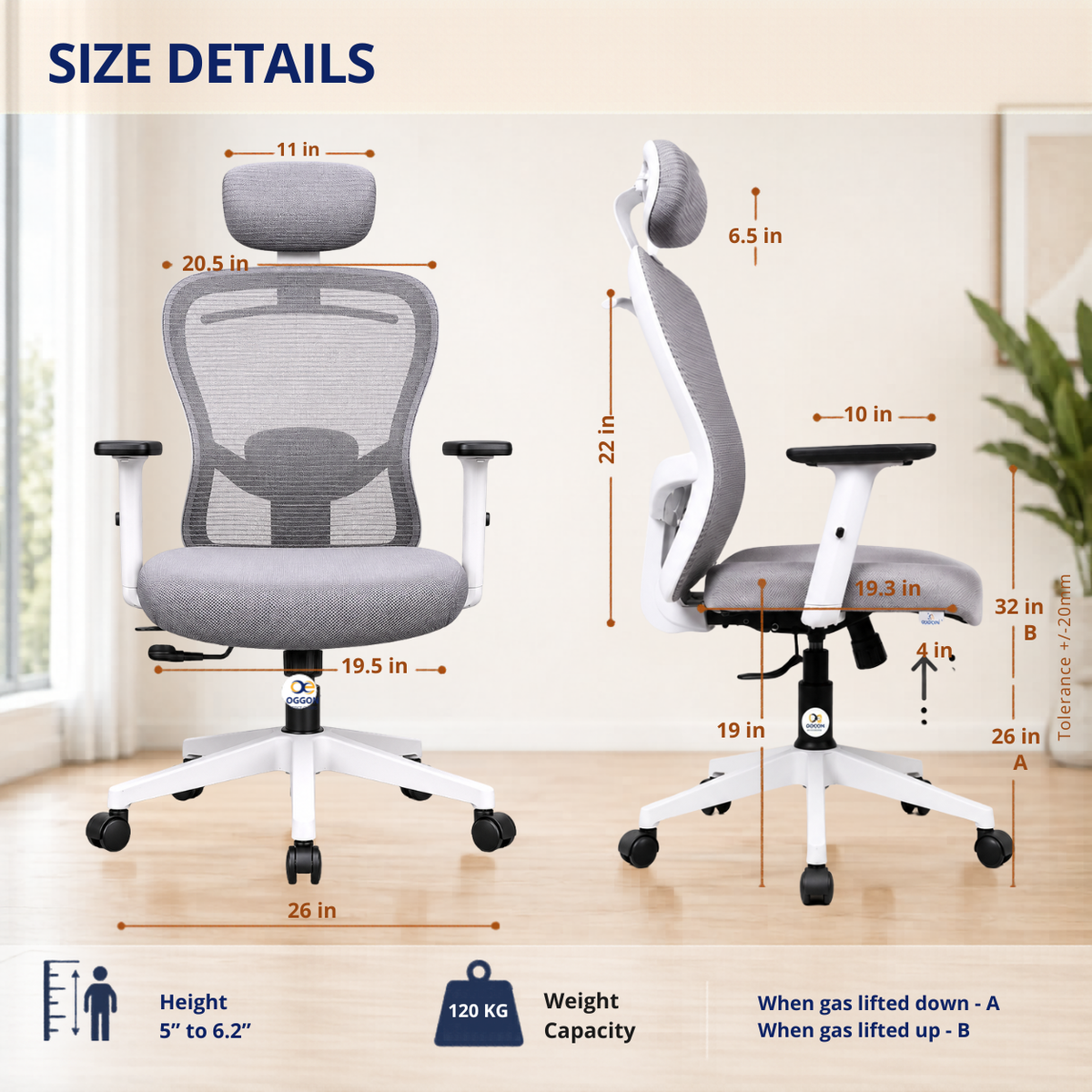 Oggon Marcoos white ergonomic office chair size and seat height dimensions