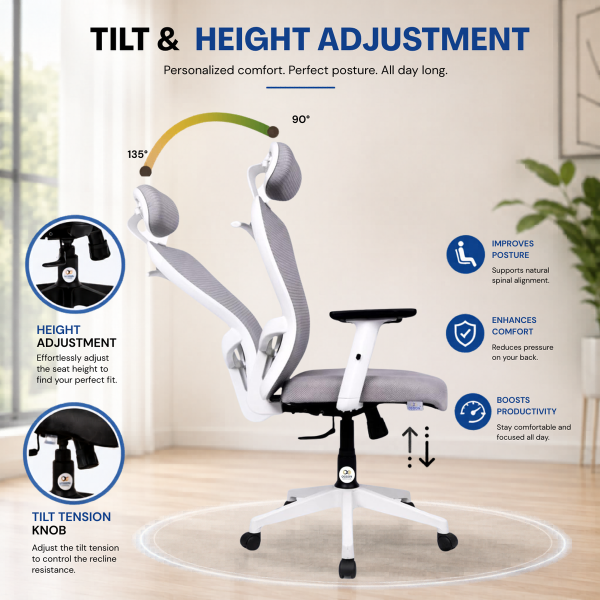 Oggon Marcoos white office chair with tilt and seat height adjustment controls