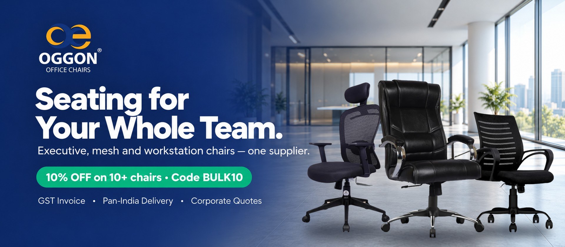 OGGON office chairs for bulk and corporate orders – Marcoos mesh, Alexander executive and Irish mid-back chairs in a modern office, 10% off on 10+ chairs with code BULK10