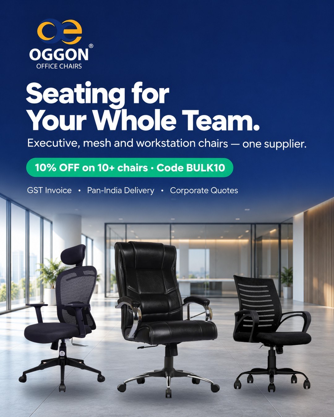 OGGON office chairs for bulk and corporate orders – Marcoos mesh, Alexander executive and Irish mid-back chairs in a modern office, 10% off on 10+ chairs with code BULK10