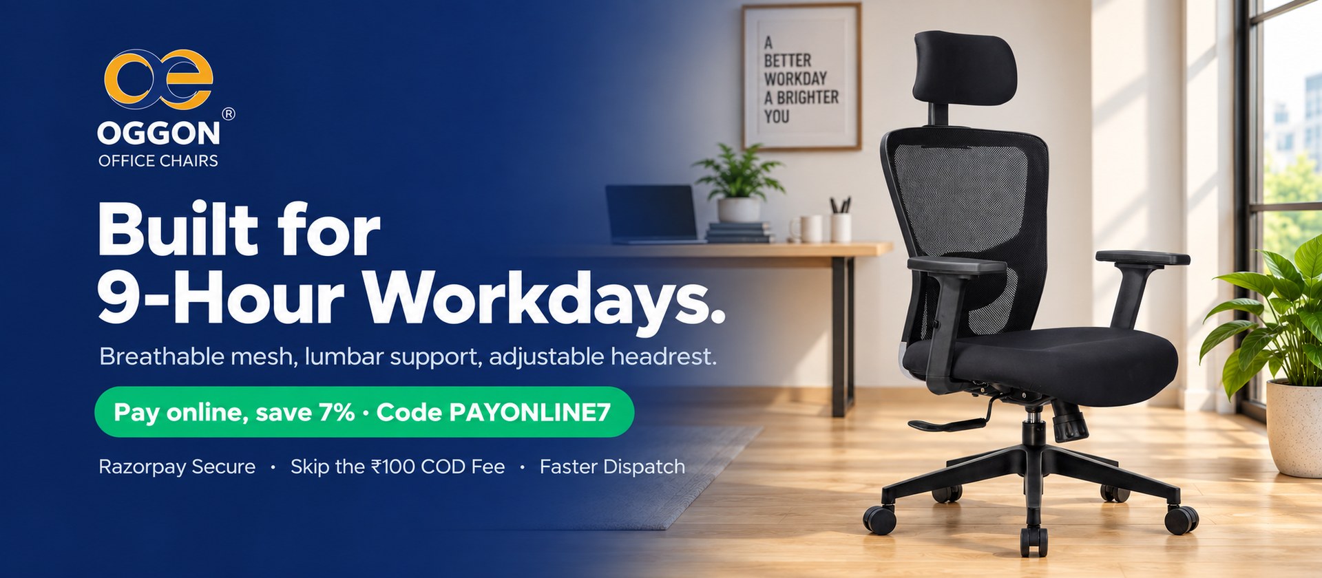 OGGON Victoria ergonomic mesh office chair with adjustable headrest and lumbar support, built for 9-hour workdays – pay online and save 7% with code PAYONLINE7