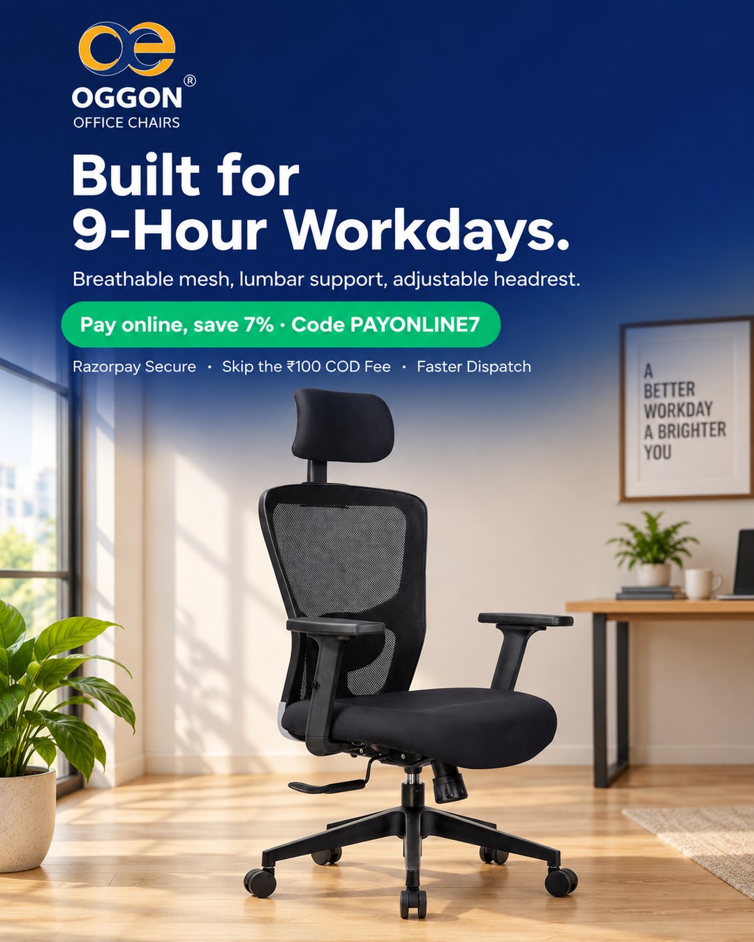 OGGON Victoria ergonomic mesh office chair with adjustable headrest and lumbar support, built for 9-hour workdays – pay online and save 7% with code PAYONLINE7